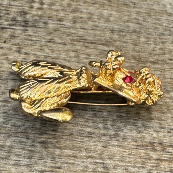 Vintage Gold-Tone Poodle Brooch With Red Rhinestone Eyes - Picture 9 of 9